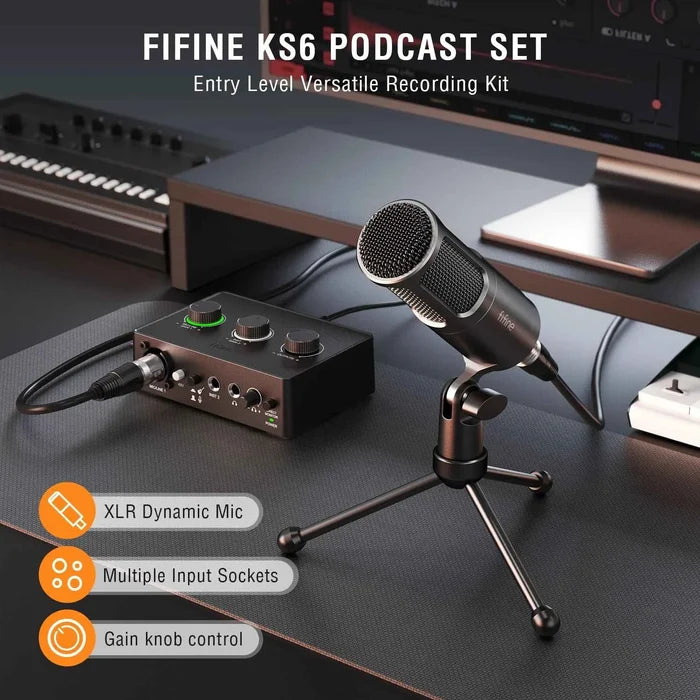 FIFINE Podcast Kit KS6 studio-quality podcast kit with microphone, headphones, and accessories for professional audio recording.