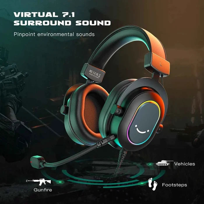 Fifine RGB gaming headset with over-ear design, 7.1 surround sound, adjustable mic, and vibrant RGB lighting for immersive gaming.