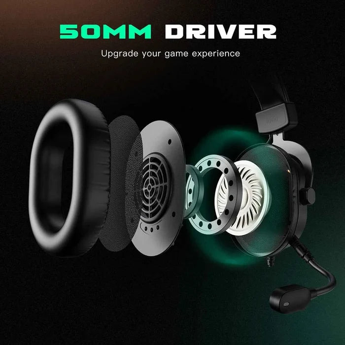 Fifine RGB gaming headset with over-ear design, 7.1 surround sound, built-in mic, and colorful LED lighting for immersive gaming.