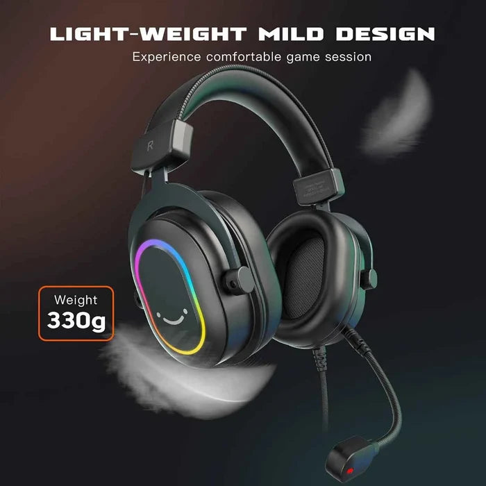 Fifine RGB gaming headset with over-ear design, 7.1 surround sound, adjustable mic, and colorful LED lighting for immersive gaming.