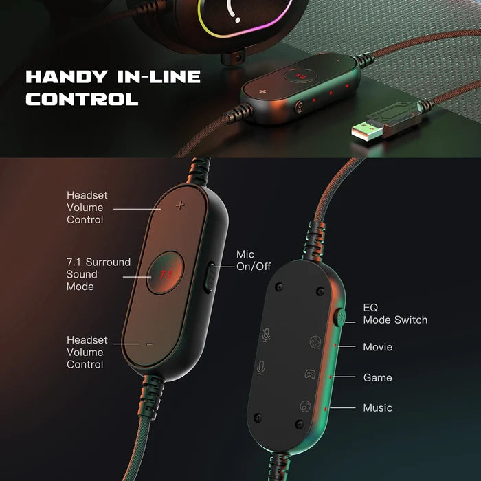 Fifine RGB gaming headset with over-ear design, 7.1 surround sound, adjustable mic, and vibrant RGB lighting for immersive gaming.