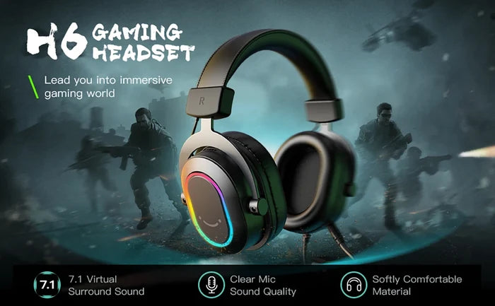 Fifine RGB gaming headset with over-ear design, 7.1 surround sound, adjustable microphone, and vibrant RGB lighting.