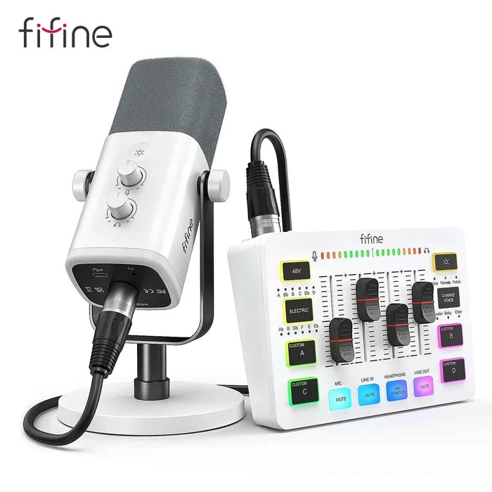 FIFINE RGB streaming podcast kit with microphone, headphones, and accessories for gaming and studio recording setup