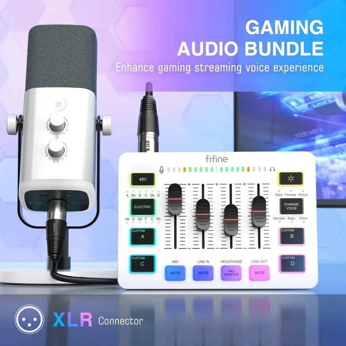FIFINE RGB Streaming Podcast Kit with studio microphone, headphones, and RGB lighting for gaming and streaming setups.