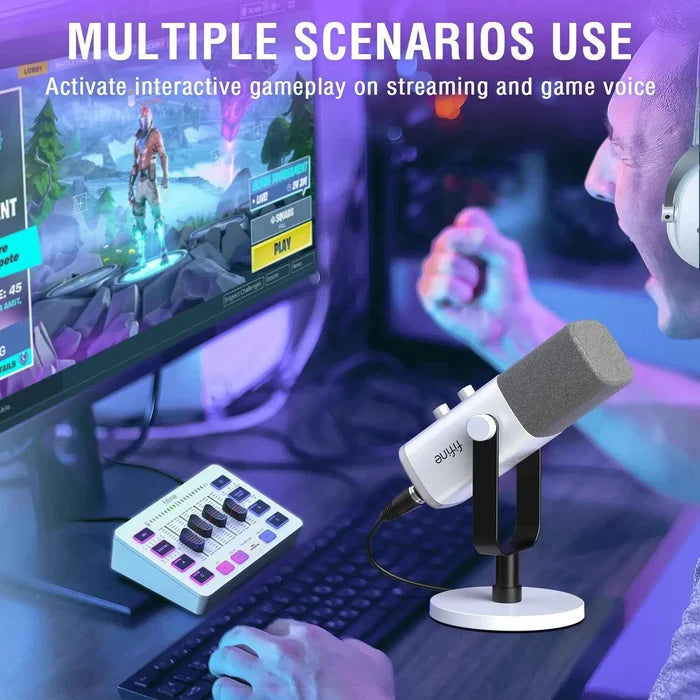 FIFINE RGB streaming podcast kit with studio microphone, headphones, and lighting setup for gaming and streaming sessions