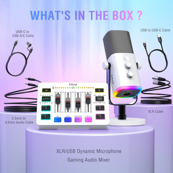 FIFINE RGB Streaming Podcast Kit for studio recording, includes microphone, pop filter, and RGB lighting for gaming and streaming.