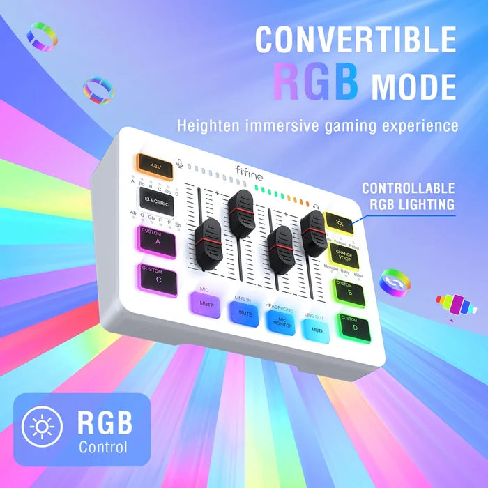 FIFINE RGB streaming podcast kit with studio microphone, adjustable arms, and colorful LED lighting for gaming and recording.