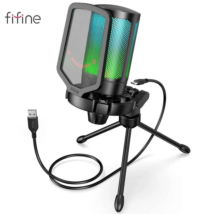 FIFINE USB gaming microphone with RGB lighting, black microphone on a desktop, ideal for streaming and gaming setups
