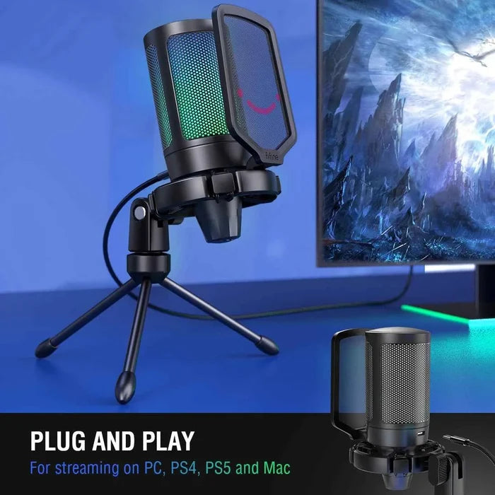 FIFINE USB gaming microphone with RGB lighting for streaming, featuring a sleek black design and adjustable stand.