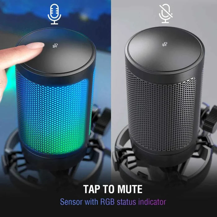 FIFINE USB gaming microphone with RGB lighting for streaming and recording, positioned on a desk with a pop filter.