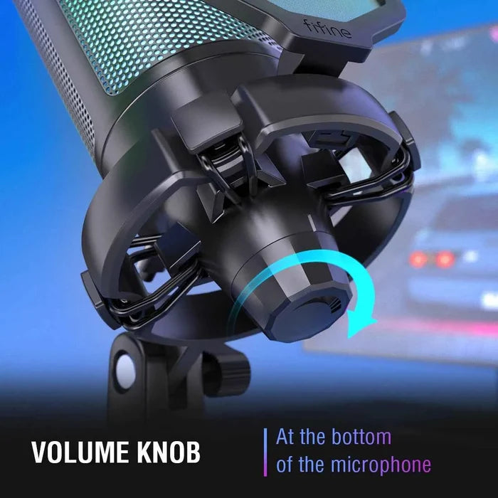 FIFINE USB gaming microphone with RGB lighting for streaming and gaming, featuring a sleek black design and adjustable stand.