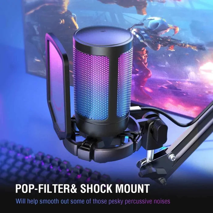 FIFINE USB gaming microphone with RGB lighting, black microphone on a stand, ideal for streaming and gaming setups.