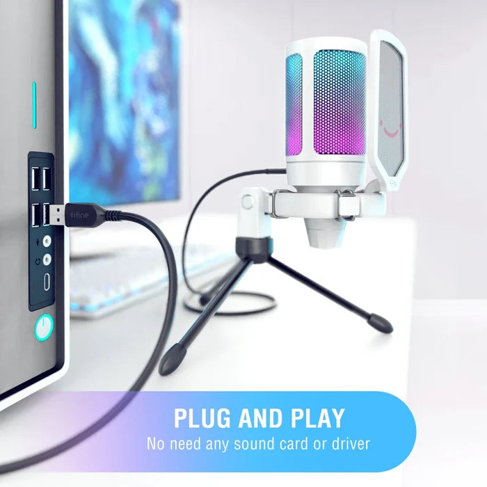 FIFINE USB gaming microphone with RGB lighting, black finish, and adjustable stand, ideal for streaming and gaming setups.