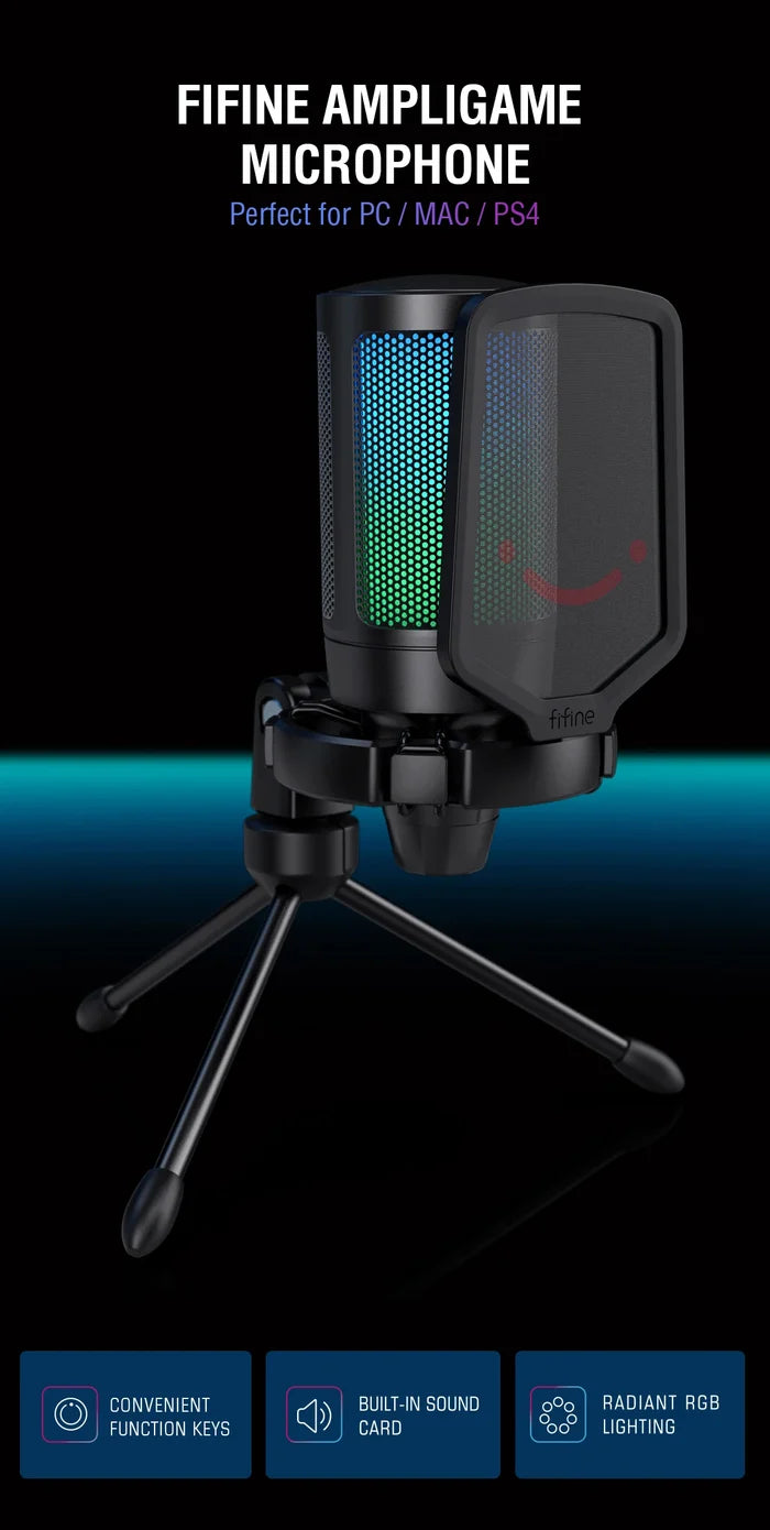 FIFINE USB gaming microphone with RGB lighting, designed for streaming and gaming, featuring a sleek black microphone with colorful LED accents.