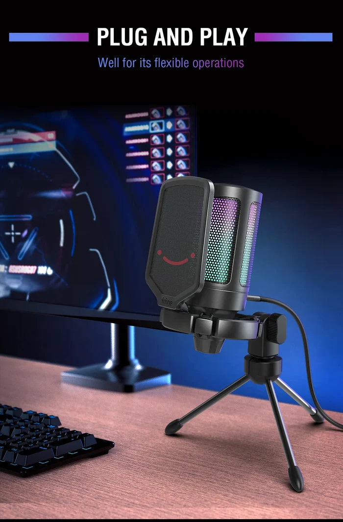 FIFINE USB gaming microphone with RGB lighting, ideal for streaming and recording, featuring a sleek black design and adjustable stand.