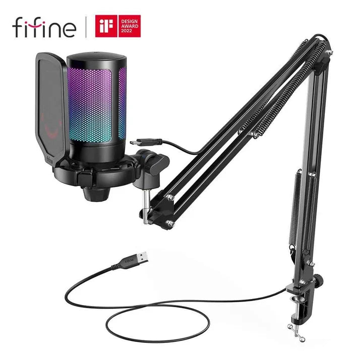 FIFINE USB gaming microphone kit for streaming, featuring a sleek black microphone and adjustable stand for clear audio.