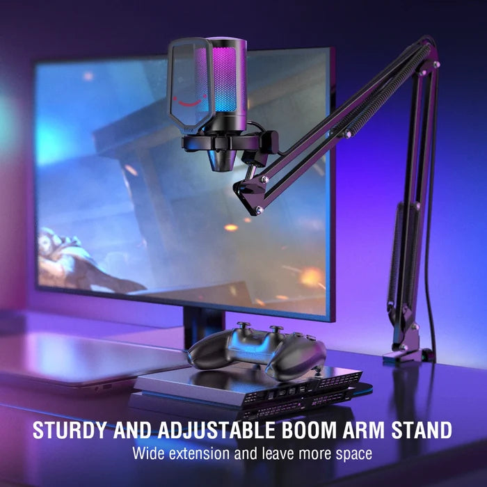 FIFINE USB gaming microphone kit with adjustable stand and pop filter for clear streaming sound, black microphone with controls