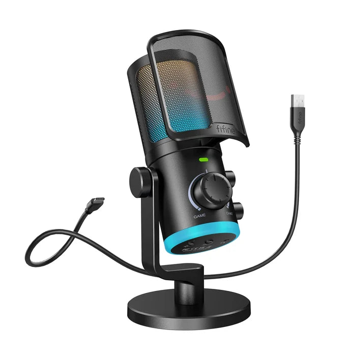 FIFINE USB gaming microphone with noise cancellation and RGB lighting, featuring a sleek design for clear gaming voice communication