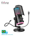 FIFINE USB gaming microphone with noise cancellation and RGB lighting, designed for high-quality streaming and gaming audio.