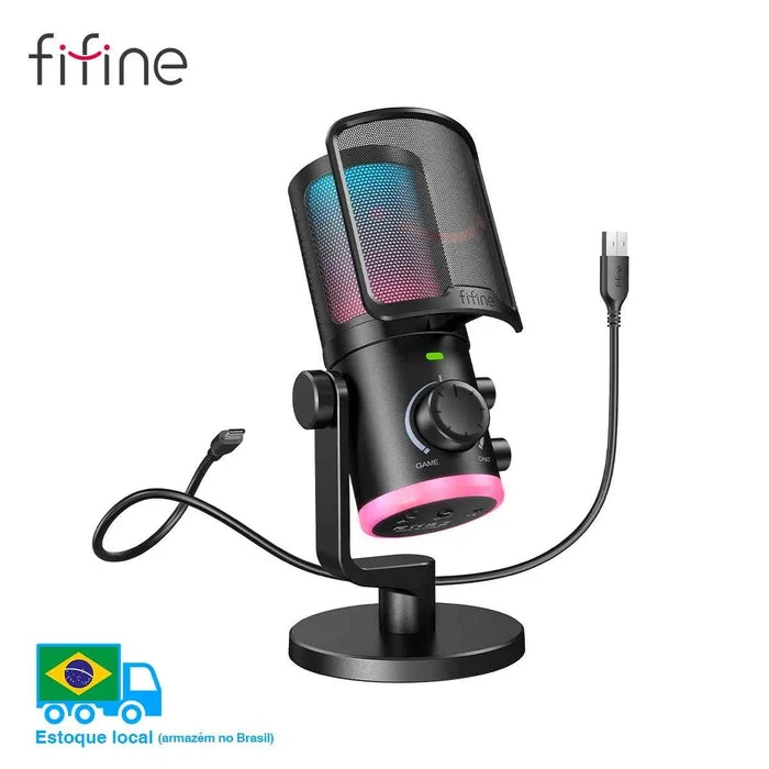 FIFINE USB gaming microphone with noise cancellation and RGB lighting, designed for high-quality streaming and gaming audio.