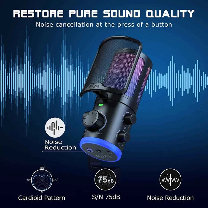 FIFINE USB gaming microphone with noise cancellation and RGB lighting, sleek black design for gaming and streaming setups.