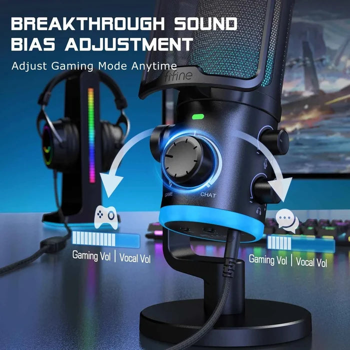 FIFINE USB gaming microphone with noise cancellation and RGB lighting, black microphone on a gaming desk setup.