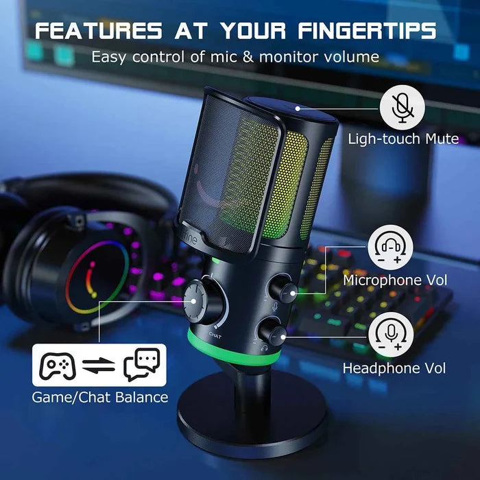 FIFINE USB gaming microphone with noise cancellation and RGB lighting, featuring a sleek black design for streaming and gaming.