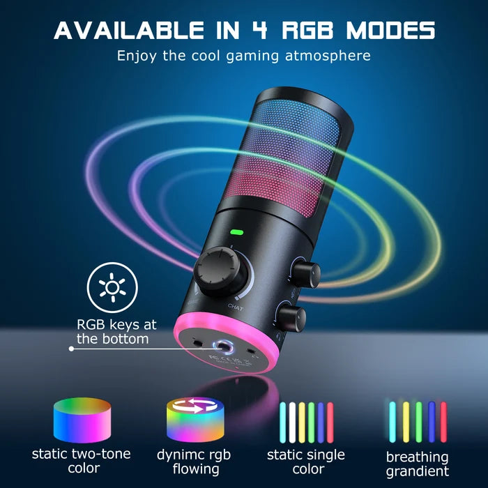 FIFINE USB gaming microphone with noise cancellation and colorful RGB lighting, ideal for streaming and gaming setups.