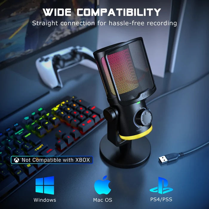 FIFINE USB gaming microphone with noise cancellation and RGB lighting, featuring a sleek black design and adjustable stand.