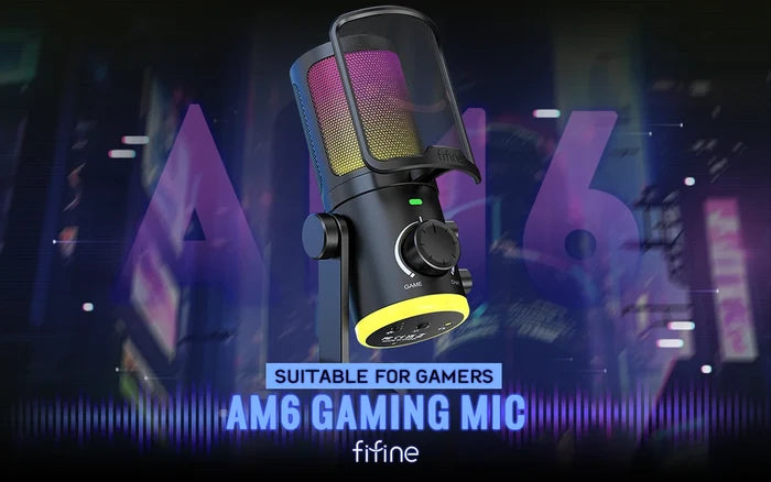 FIFINE USB gaming microphone with noise cancellation and RGB lighting, featuring a sleek black design and adjustable stand.