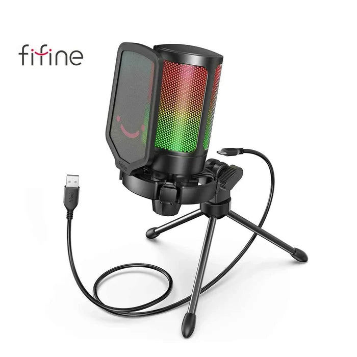 FIFINE USB gaming microphone on a desk, ideal for streaming and online gaming with a sleek black design.