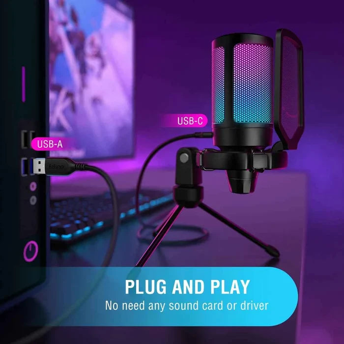 FIFINE USB gaming microphone on a desk, featuring a sleek black design, ideal for streaming and gaming voice recording.