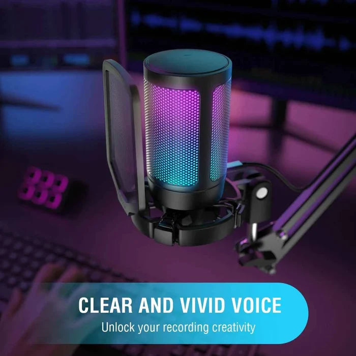 FIFINE USB gaming microphone on a desk, with adjustable stand and cable, ideal for streaming and gaming voice communication.