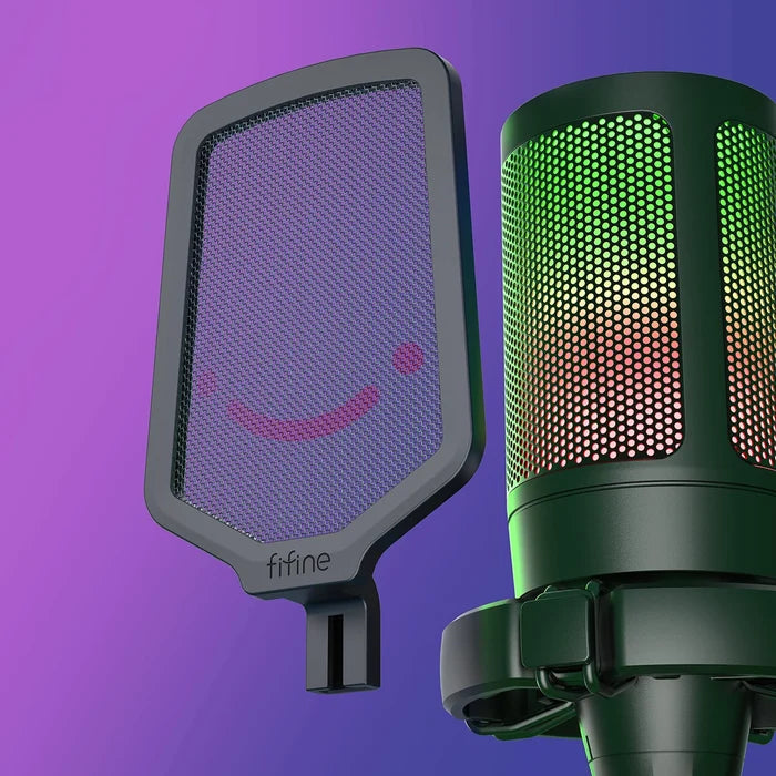 FIFINE USB gaming microphone on a desk, featuring a compact design with a built-in stand for streaming and gaming recordings.