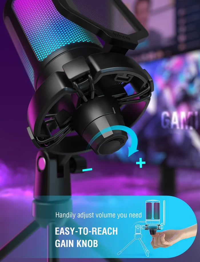FIFINE USB gaming microphone for streaming, with adjustable stand and cardioid pickup pattern, ideal for clear voice recording.