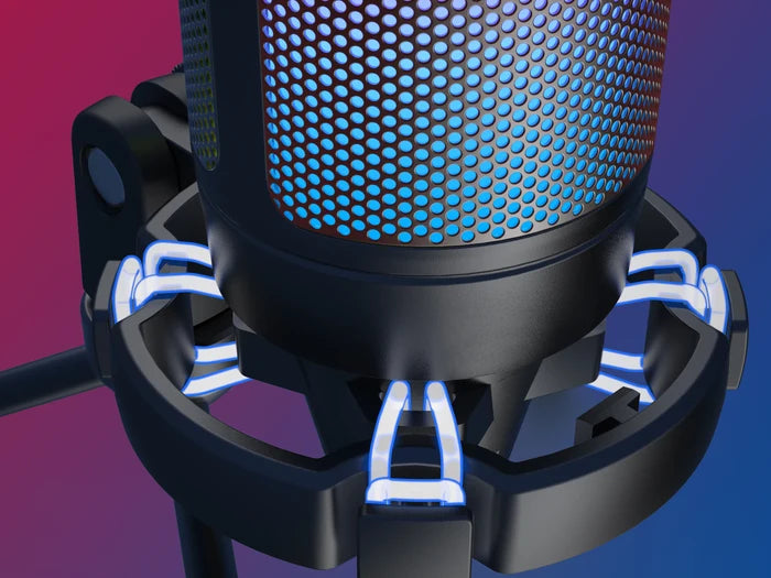 FIFINE USB gaming microphone on a desk, with adjustable stand and black finish, designed for streaming and high-quality audio recording.
