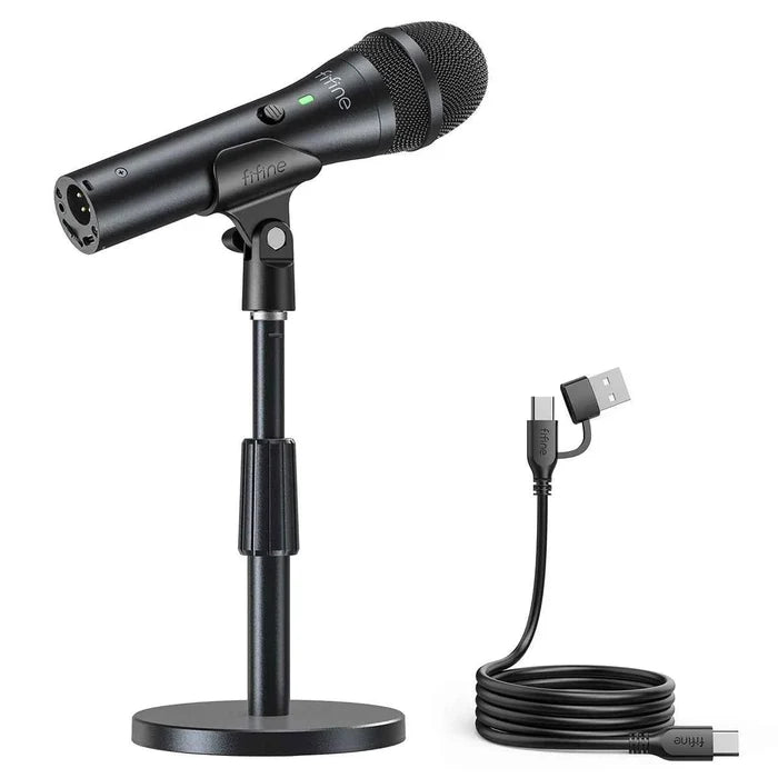 FIFINE USB/XLR dynamic microphone for professional recording, shown on a stand with a black grille and sleek design.