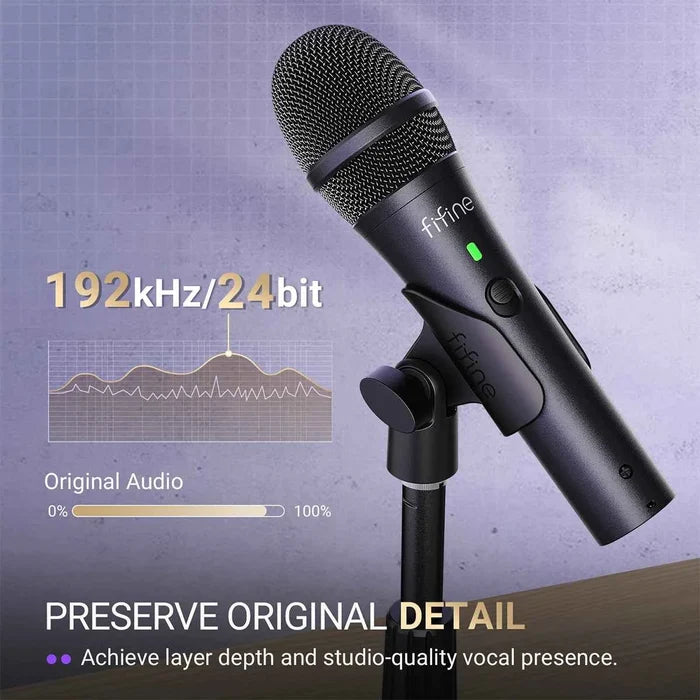 FIFINE USB/XLR dynamic microphone for clear audio recording, shown with its sleek black design and professional build.