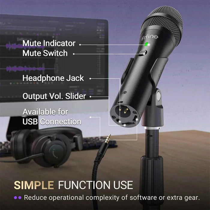 FIFINE USB/XLR Dynamic Microphone for professional recording, featuring a sleek black design and adjustable stand.
