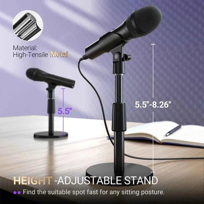 FIFINE USB/XLR dynamic microphone on a stand, ideal for recording and broadcasting, with a sleek black design.