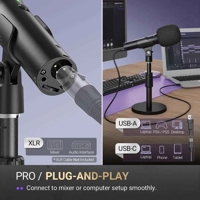 FIFINE USB/XLR dynamic microphone on a stand, black with silver grille, ideal for recording and broadcasting.