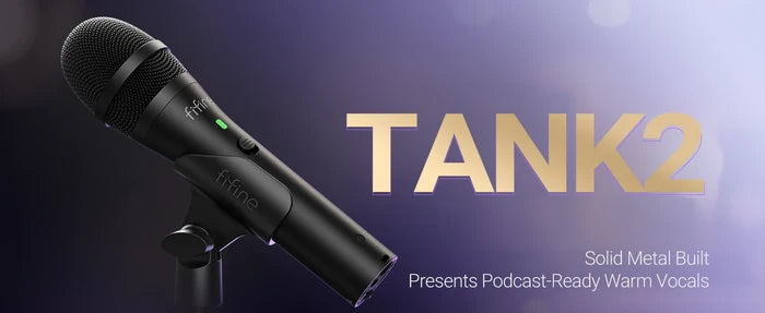 FIFINE USB/XLR dynamic microphone for recording, shown in black with a stand and cable, ideal for professional audio capture.