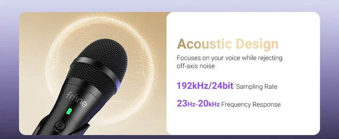 FIFINE USB/XLR dynamic microphone for professional recording, featuring a sleek black design and adjustable stand.