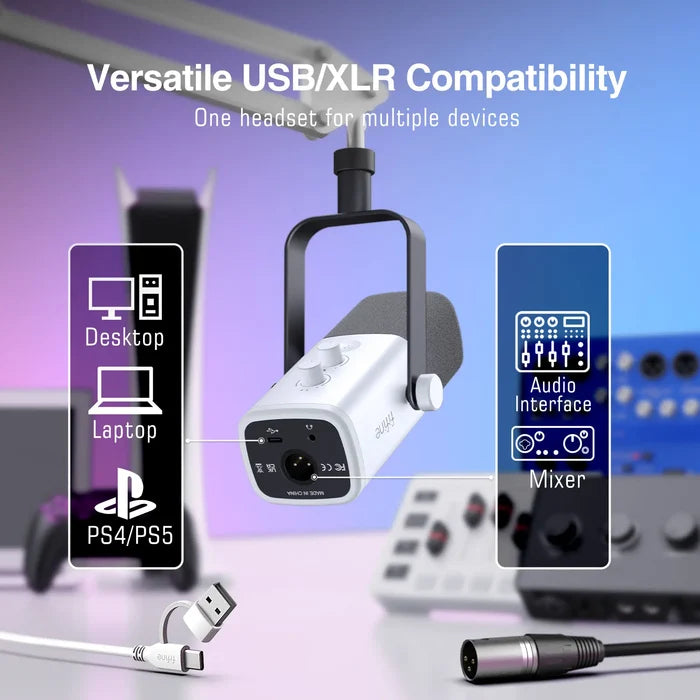 FIFINE USB/XLR gaming microphone kit with adjustable stand and pop filter for streaming and recording setups.