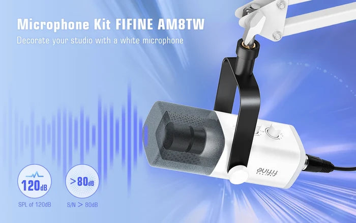 FIFINE USB/XLR gaming microphone kit for streaming, featuring a sleek microphone with adjustable stand and professional recording setup