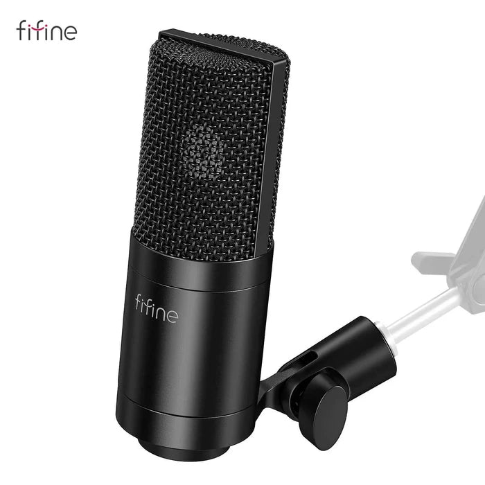 FIFINE XLR condenser microphone for podcasting, streaming, and vocal recording, shown with cable and stand in a professional setup.