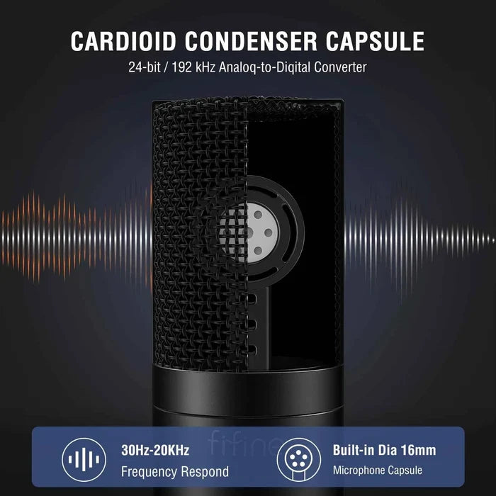 FIFINE XLR condenser microphone for podcasting, streaming, and vocal recording, with sleek black design and adjustable stand.