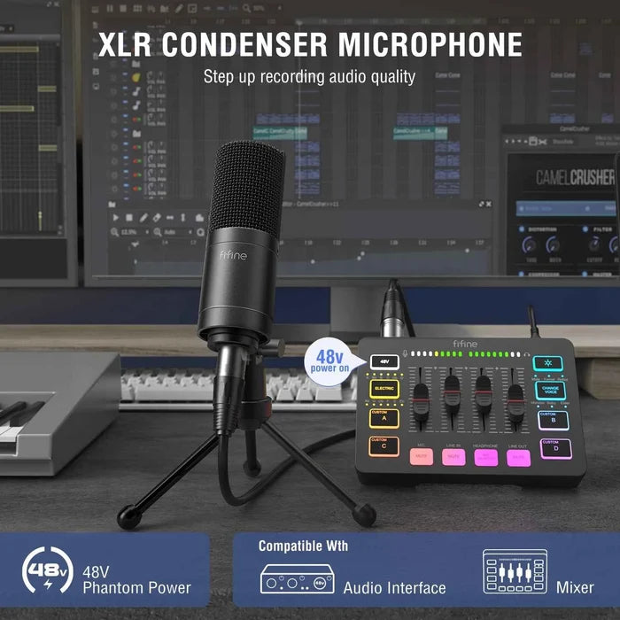 FIFINE XLR condenser microphone for podcasting, streaming, and vocal recording, shown on a stand with a black foam windscreen.
