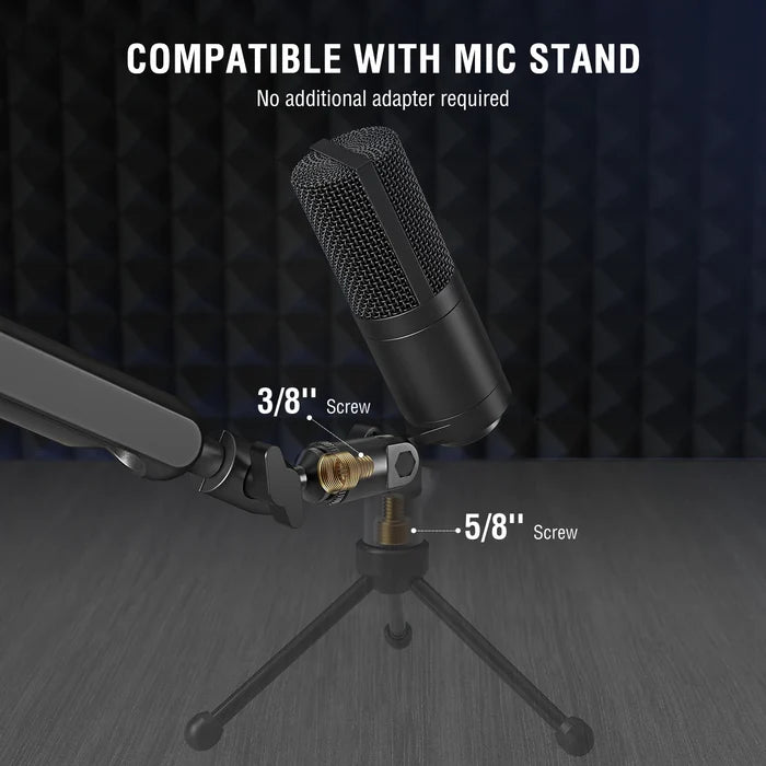 FIFINE XLR condenser microphone for podcasting, streaming, and vocal recording with sleek black design and adjustable stand.
