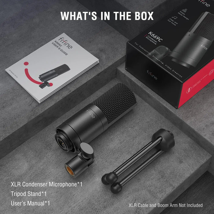 FIFINE XLR condenser microphone for podcasting, streaming, and vocal recording, shown on a professional setup with a black finish.